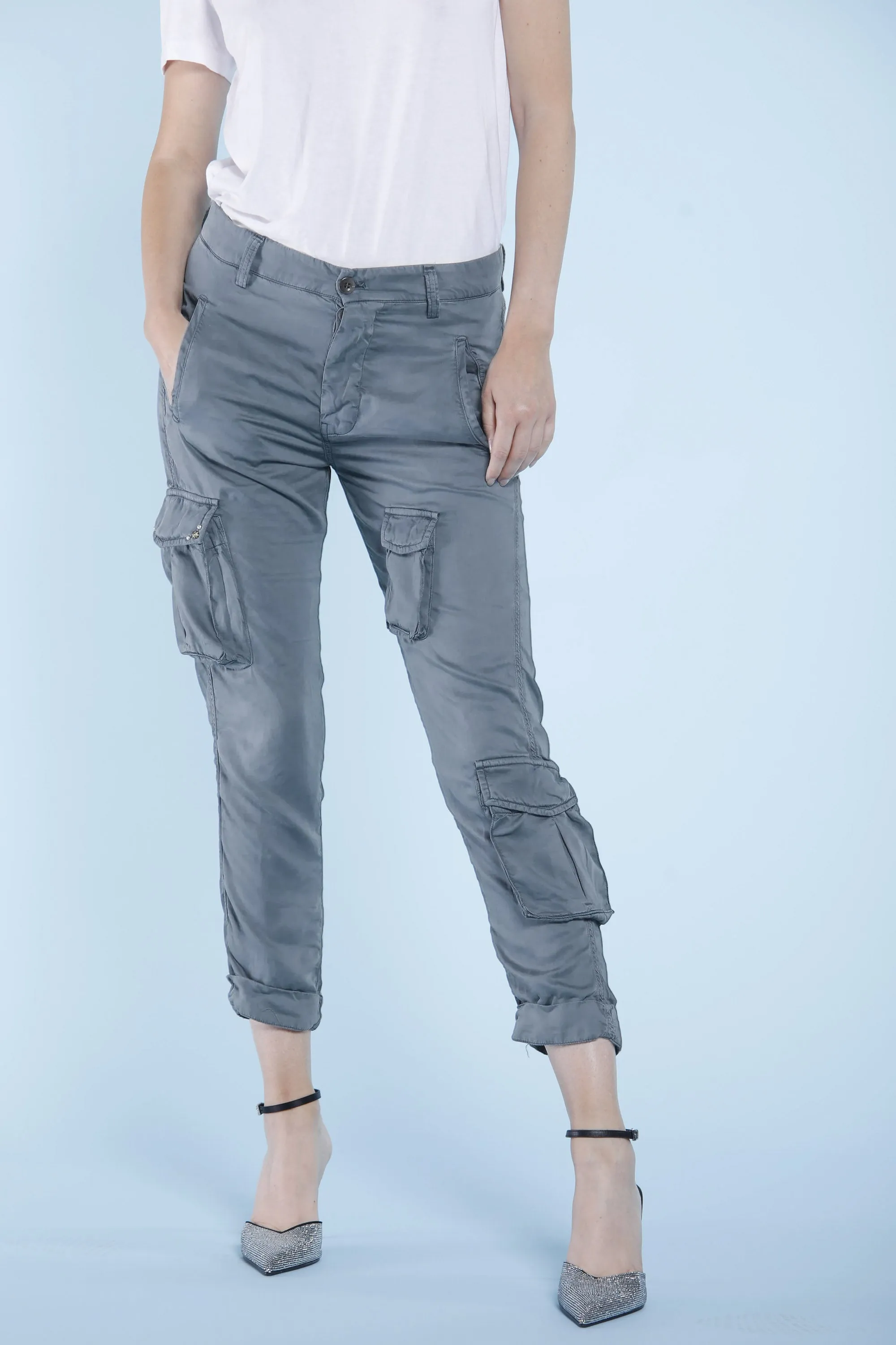 Asia Snake pantalone cargo donna in tencel con borchie relaxed