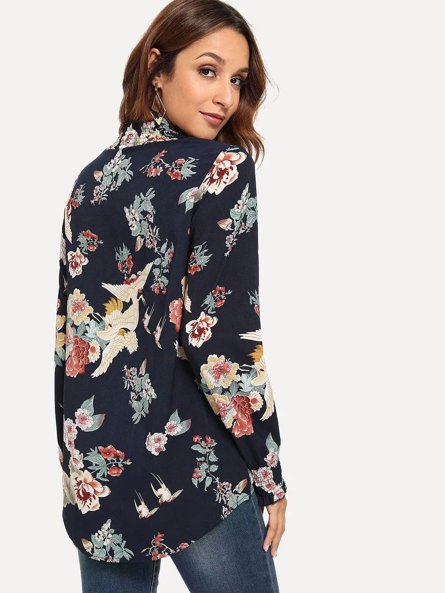 Floral Print Lettuce Trim Blouse