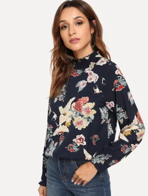 Floral Print Lettuce Trim Blouse