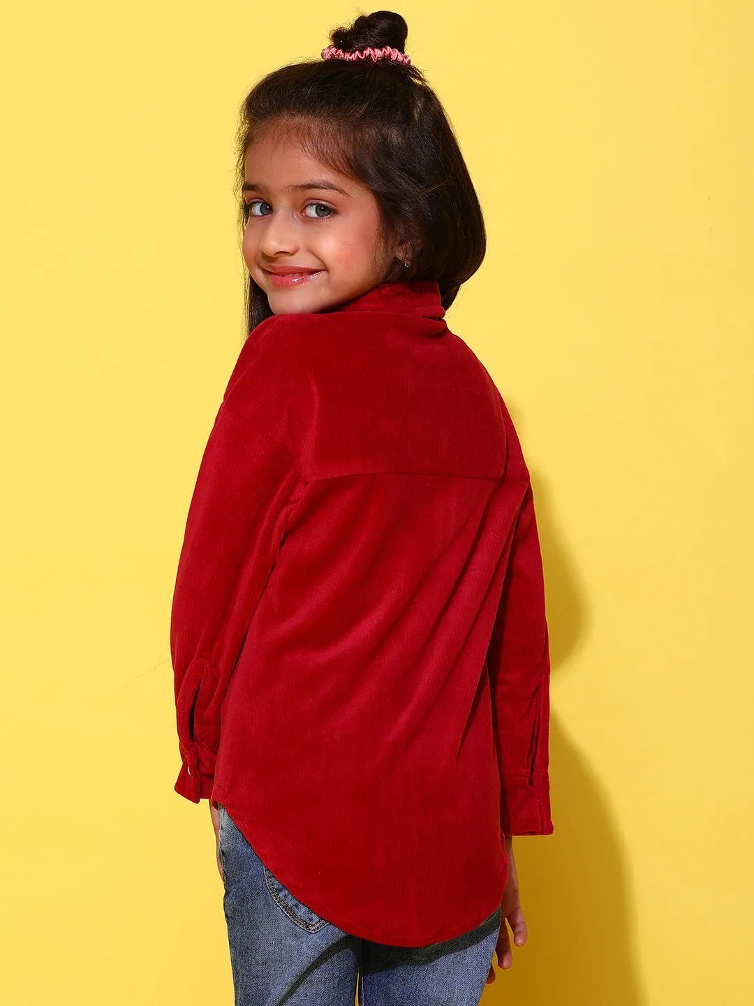 Girls Maroon Polyester Full Sleeves Oversized Solid Shirt