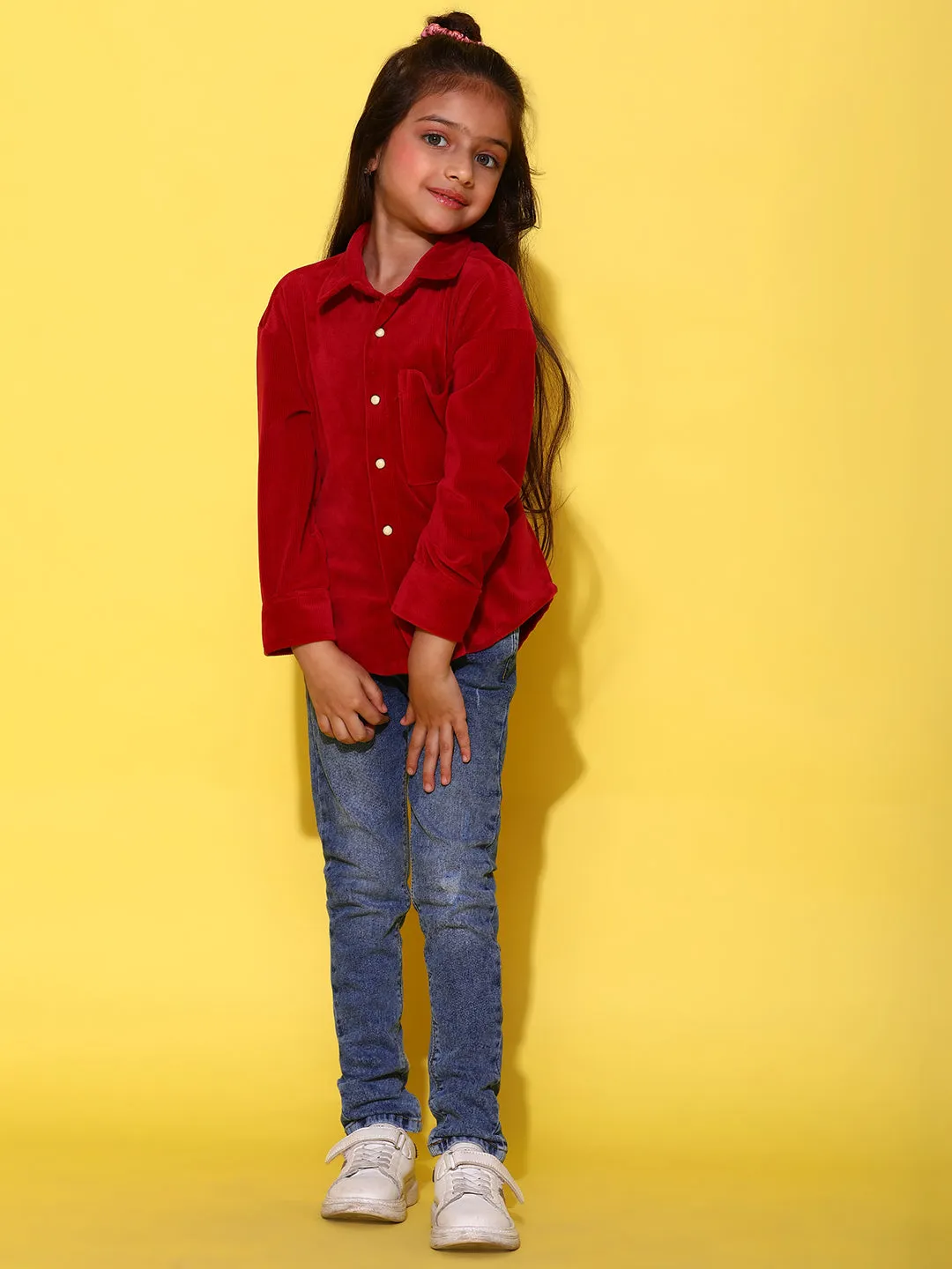 Girls Maroon Polyester Full Sleeves Oversized Solid Shirt