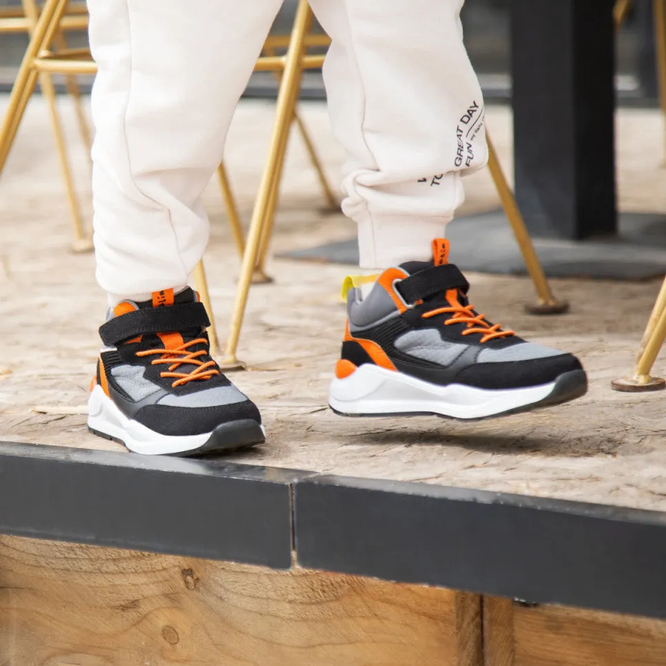 Gray/black/red high top sneakers with velcro closure