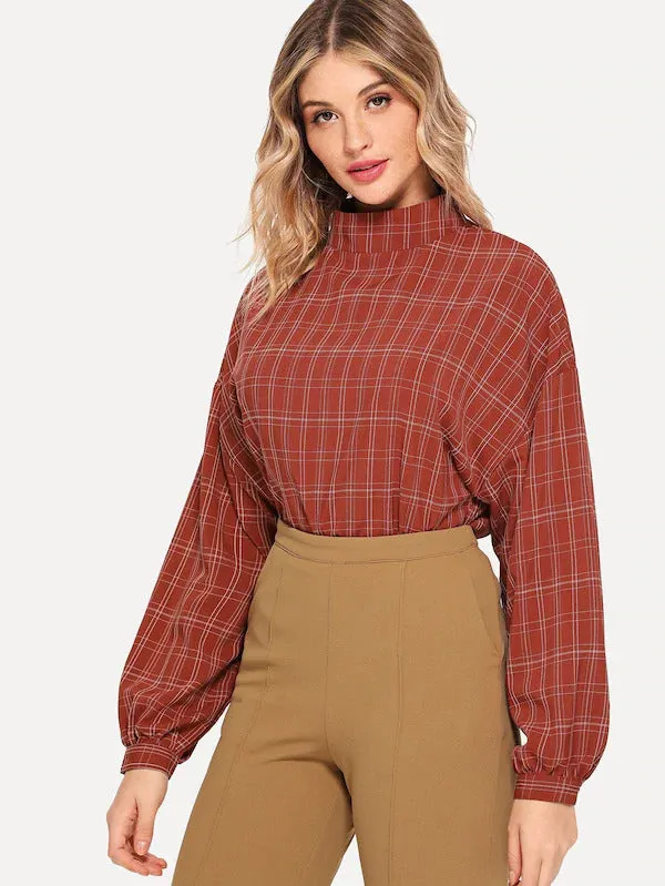 Mock Neck Plaid Top