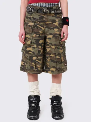 Stereo Camo Multi Pocket Long Cargo Shorts