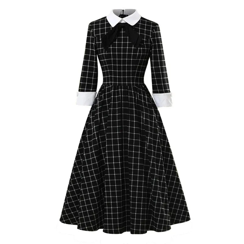 Vintage Knot Neck Black and White Plaid Vintage Cotton Midi Dresses 3/4 Length Sleeve Dress